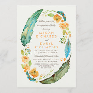 Boho Floral Feathers Vintage Teal Engagement Party Invitation