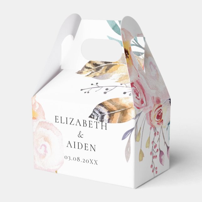 Boho Floral Feathers & Wate Wedding Favour Box (Front Side)