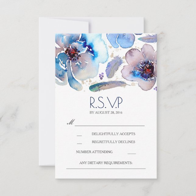 Boho Floral Feathers Watercolor Blue RSVP Card (Front)