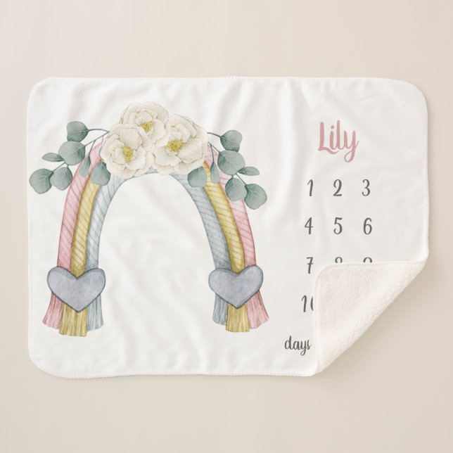 Boho Floral Fibre Rainbow Milestone Baby Sherpa Blanket (Front (Horizontal))