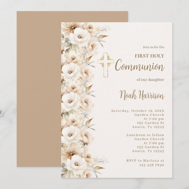 Boho Floral First Communion Boy Invitation (Front/Back)