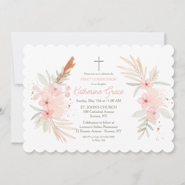 Boho Floral First Holy Communion Invitation (Front)