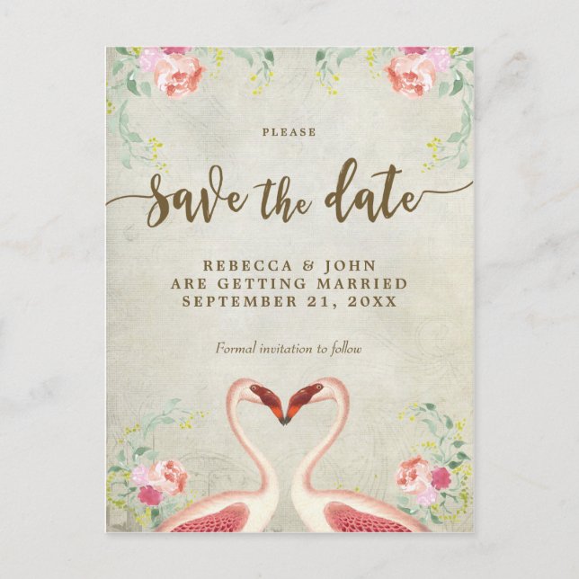 boho floral flamingo wedding save the date announcement postcard (Front)