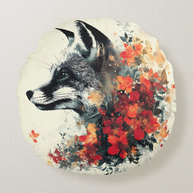 Boho Floral Fox Wildlife Nature Round Cushion (Front)