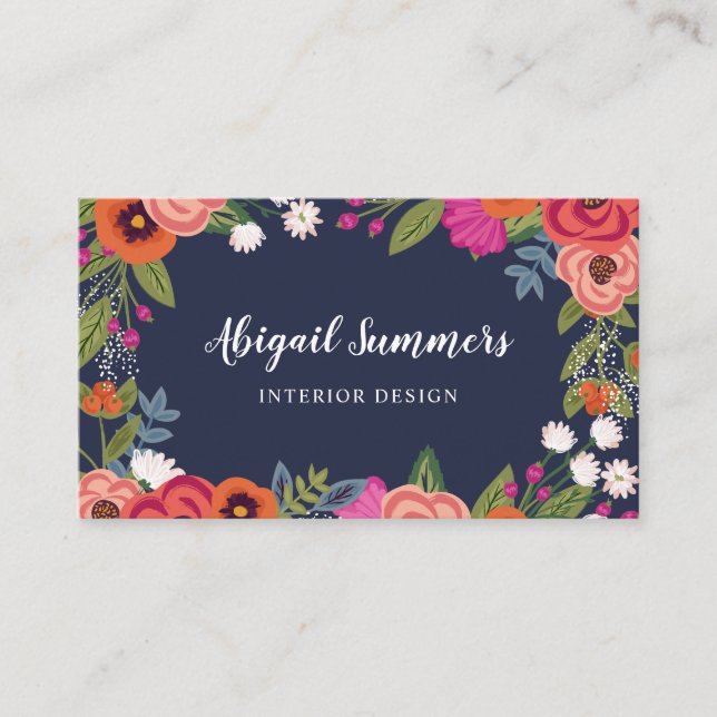 Boho Floral Frame - Navy Blue & Coral Business Card (Front)