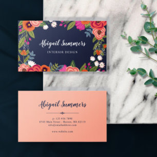 Boho Floral Frame - Navy Blue & Coral Business Card