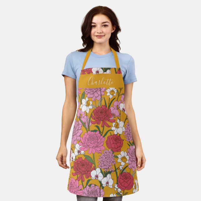 Boho Floral Garden Yellow Personalised Name Apron (Worn)