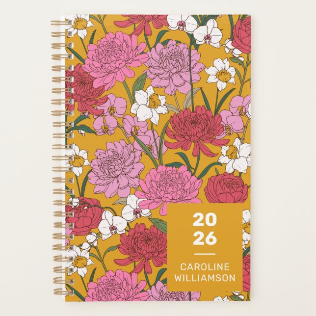 Boho Floral Garden Yellow Personalised Name Planner (Front)