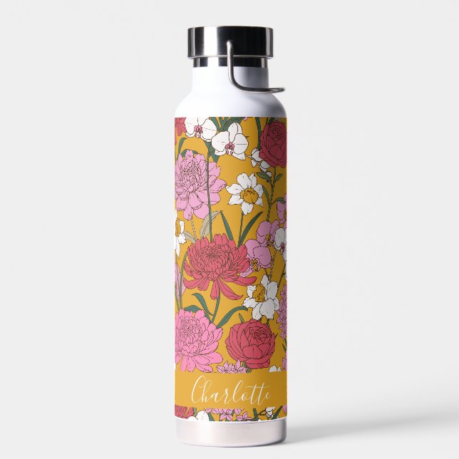 Boho Floral Garden Yellow Personalised Name Water Bottle (Left)