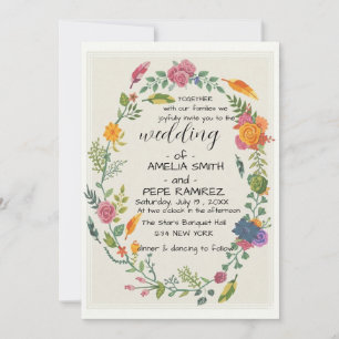 Boho Floral Garland and Feathers Rustic Wedding Invitation