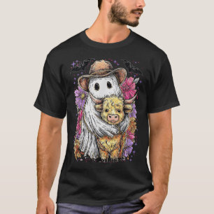  Boho Floral Ghost And Highland Cow Spooky Cowboy  T-Shirt