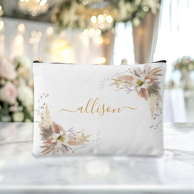 Boho, floral, Gift Name  Accessory Pouch (Boho, floral, gift Name accessory and makeup bag showcases a sleek beige-gold script font with elega)