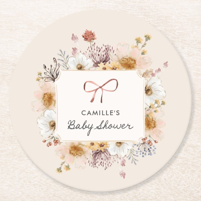 Boho Floral Girl Baby Shower Round Paper Coaster (Front)