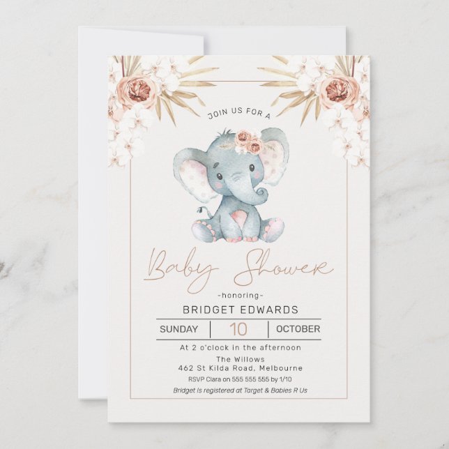 Boho Floral Girls Elephant baby Shower Invitation (Front)