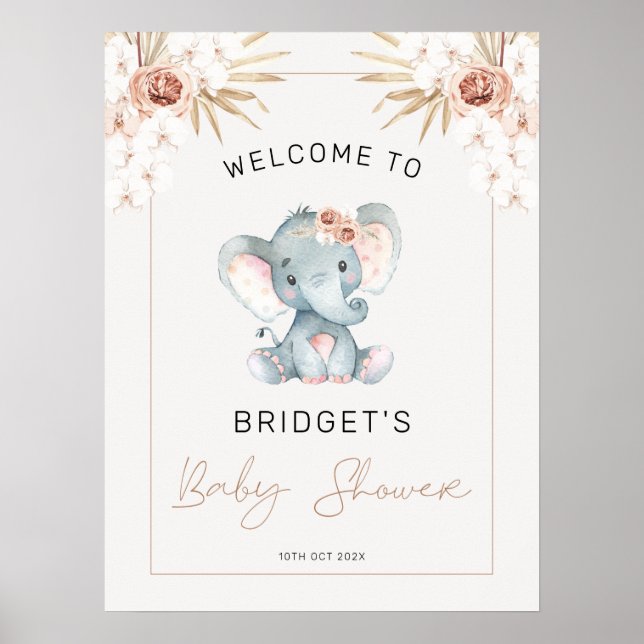 Boho Floral Girls Elephant Baby Shower Welcome Poster (Front)