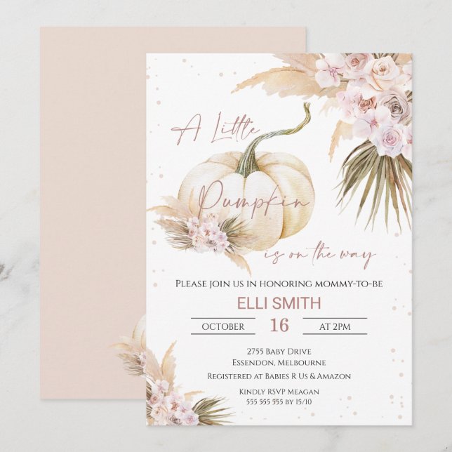 Boho Floral Girls Little Pumpkin Baby Shower Invit Invitation (Front/Back)