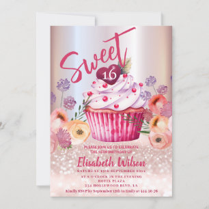 Boho floral Girly cupcake Rose gold glittery Invitation