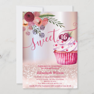 Boho floral Girly cupcake Rose gold glittery Invitation