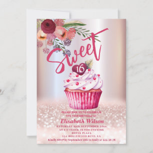 Boho floral Girly cupcake Rose gold glittery Invitation