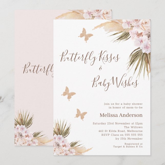Boho Floral Glitter Butterfly Kisses Baby Shower Invitation (Front/Back)