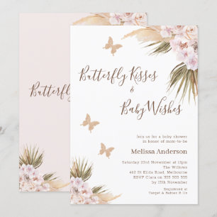 Boho Floral Glitter Butterfly Kisses Baby Shower Invitation