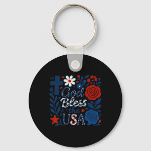 Boho Floral God Bless The Usa 4th Of July Flower G Key Ring