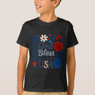 Boho Floral God Bless The Usa 4th Of July Flower G T-Shirt