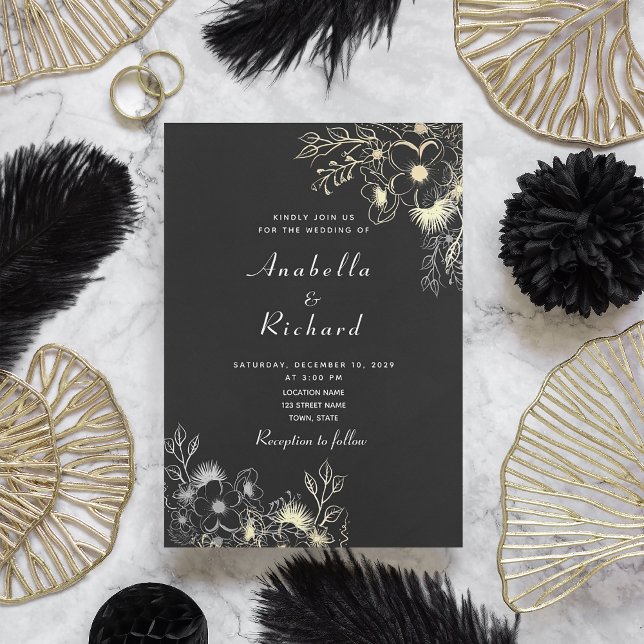Boho Floral Gold Black and White Wedding Invitation (Creator Uploaded)