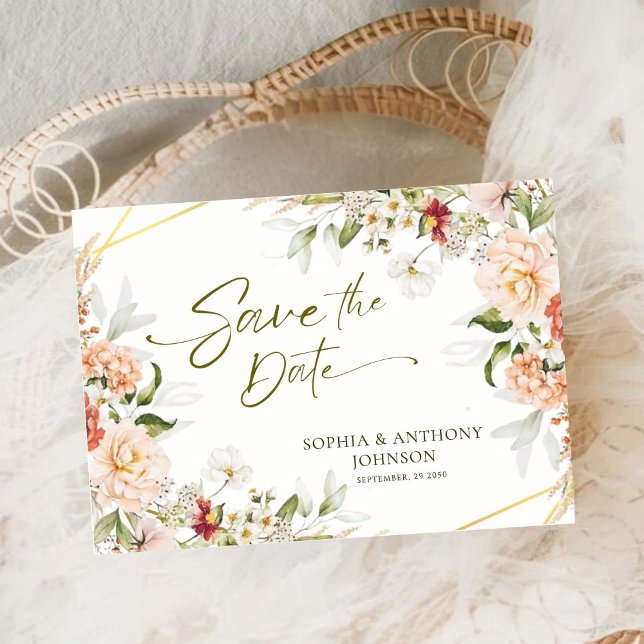 Boho Floral Gold Geometric Foliage Wedding Qr Code Save The Date (Creator Uploaded)