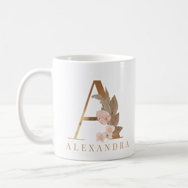Boho Floral Gold Letter A Monogram Coffee Mug (Left)