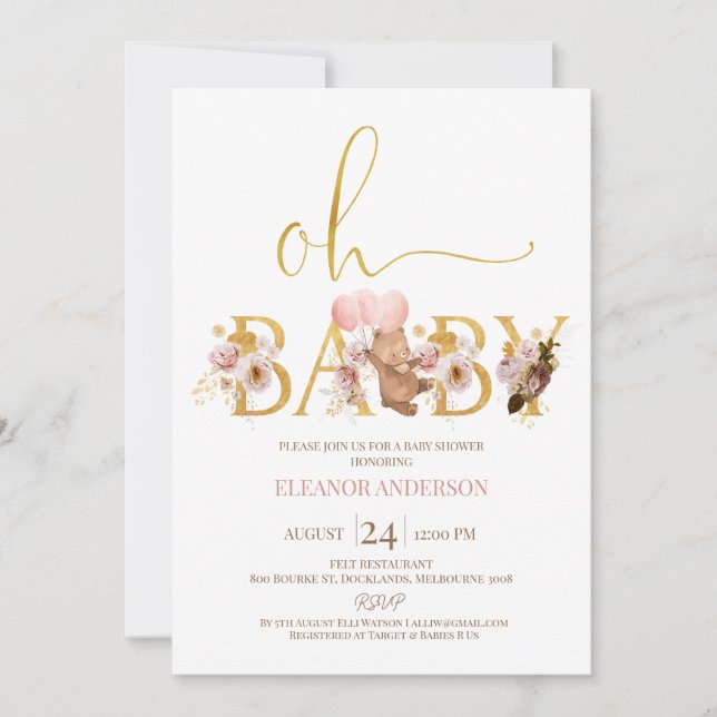 Boho Floral Gold Word Teddy Bear Baby Shower Invitation (Front)