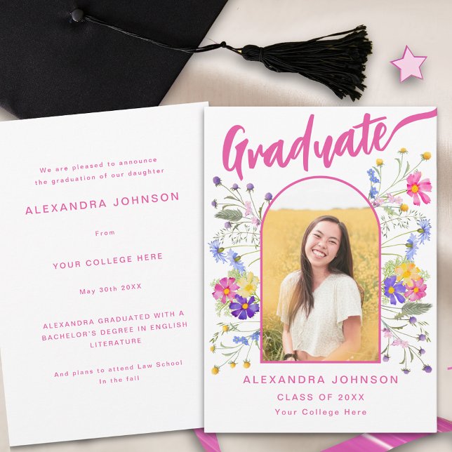 Boho Floral Graduate Photo Arch Pink Script Announcement (Wildflower graduate photo arch modern hot pink script graduation announcement card)