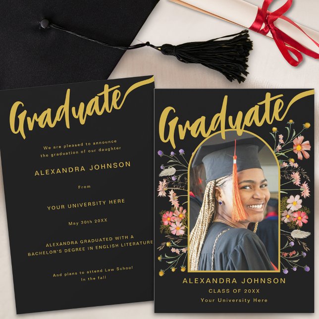 Boho Floral Graduate Photo Black and Gold Script Announcement (Boho floral arch graduate photo stylish gold script black Graduation announcement card)