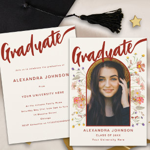 Boho Floral Graduate Photo Script Graduation Party Invitation