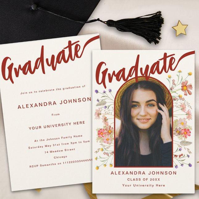 Boho Floral Graduate Photo Script Graduation Party Invitation (Boho wildflower arch graduate photo stylish burnt orange calligraphy graduation party invitation )