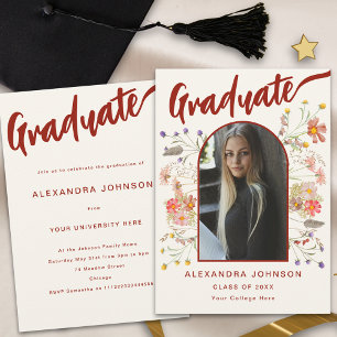 Boho Floral Graduate Photo Script Graduation Party Invitation