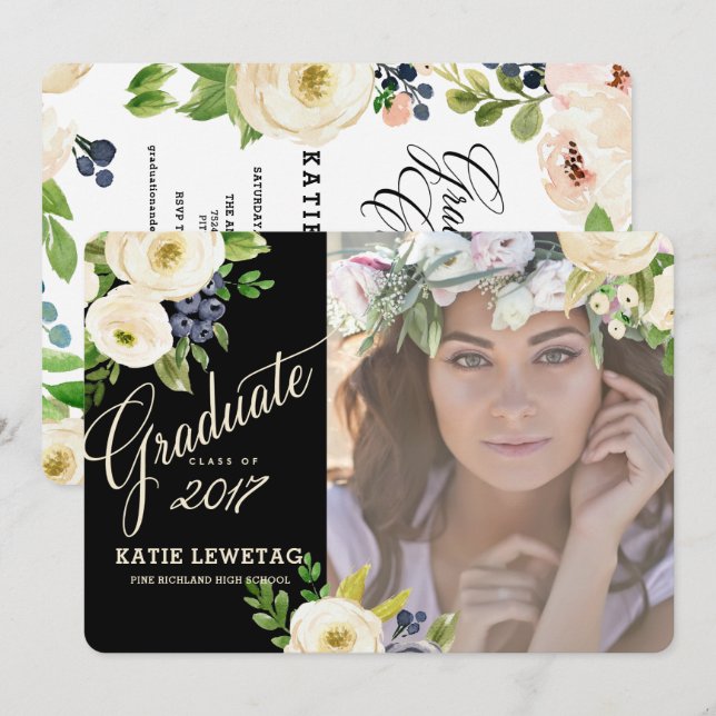 BOHO FLORAL GRADUATION ANNOUNCEMENT, PARTY INVITE (Front/Back)
