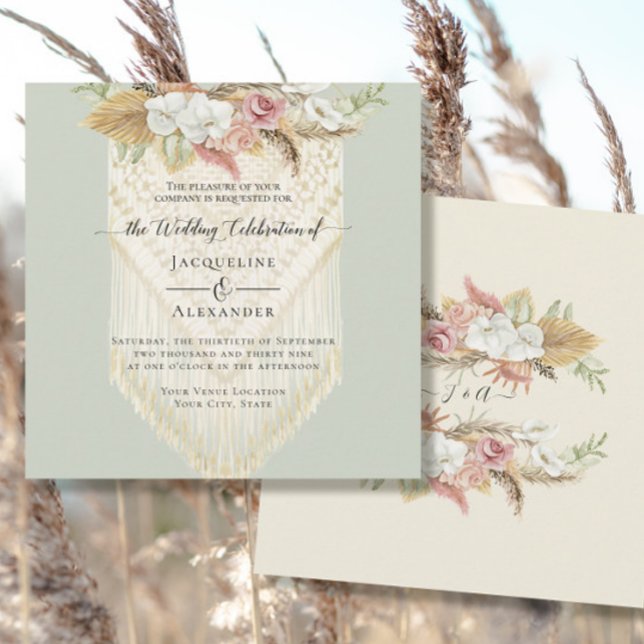 BOHO Floral Greenery Pampas Grass Mint Wedding Invitation (Creator Uploaded)