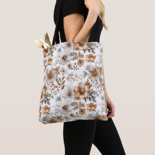 Boho Floral Grey Brown Neutral Colour Watercolor Tote Bag