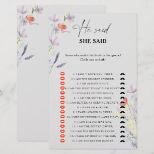 Boho Floral He said she said bridal shower game