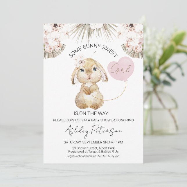 Boho Floral Heart Balloon Bunny Baby Shower Invitation (Standing Front)