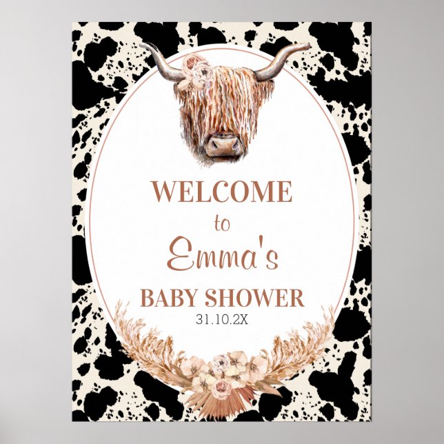 Boho Floral Highland Cow Baby Shower Welcome Sign (Front)