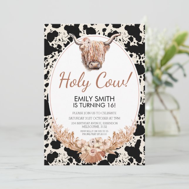 Boho Floral Highland Cow Birthday Invitation (Standing Front)