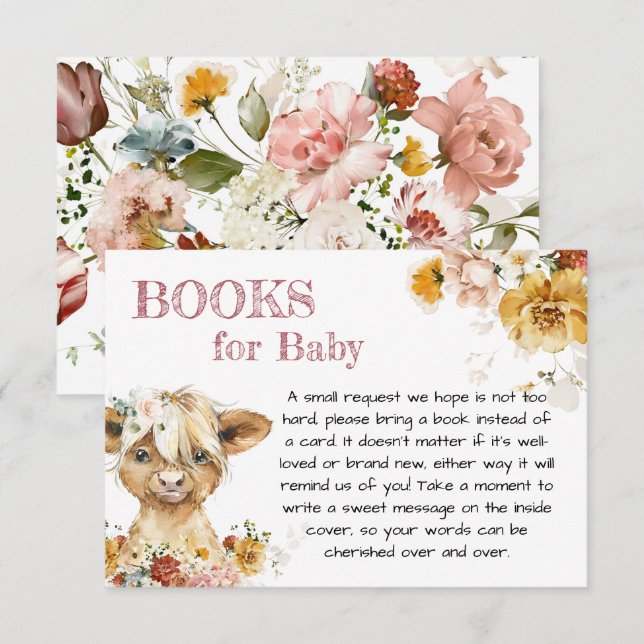 Boho Floral Highland Cow Books For Baby Enclosure Card (Front/Back)