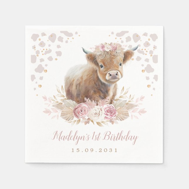 Boho Floral Highland Cow Girl 1st Birthday Napkin (Front)