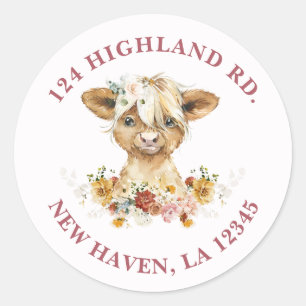 Boho Floral Highland Cow Return Address Classic Round Sticker