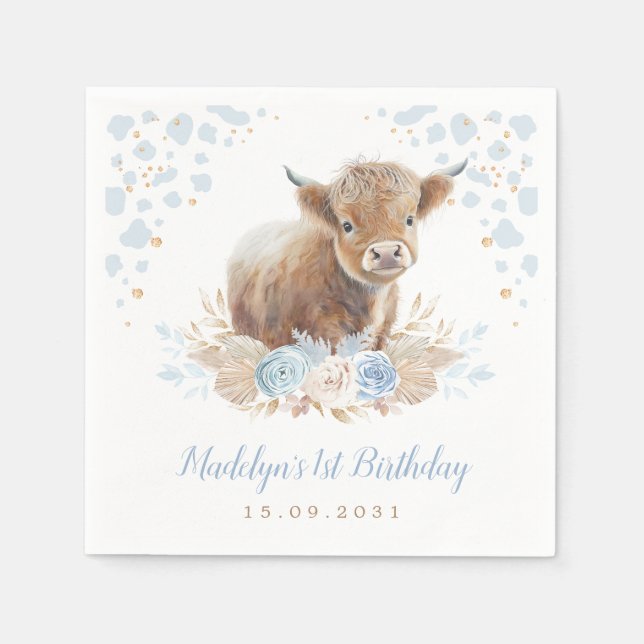 Boho Floral Highland Cowboy 1st Birthday Napkin (Front)