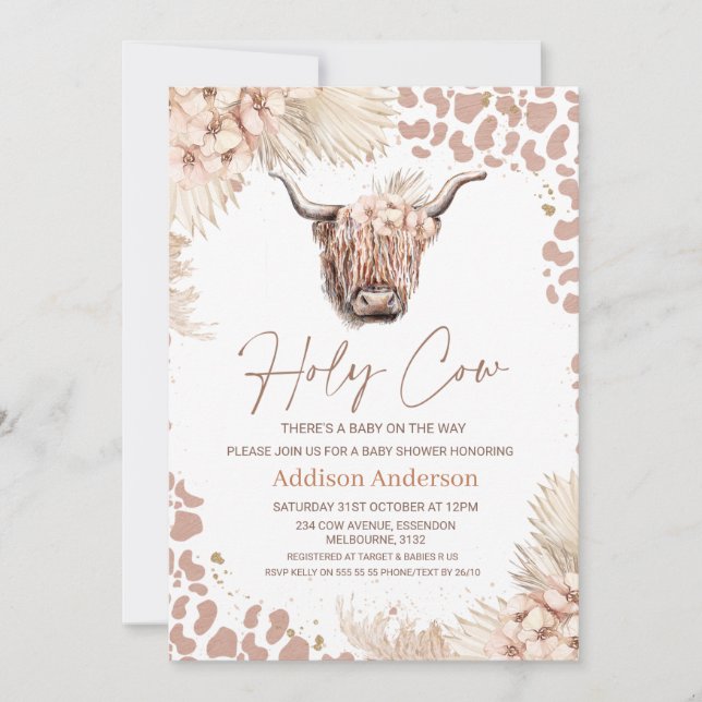 Boho Floral Holy Cow Highland Cow Baby Shower  Invitation (Front)