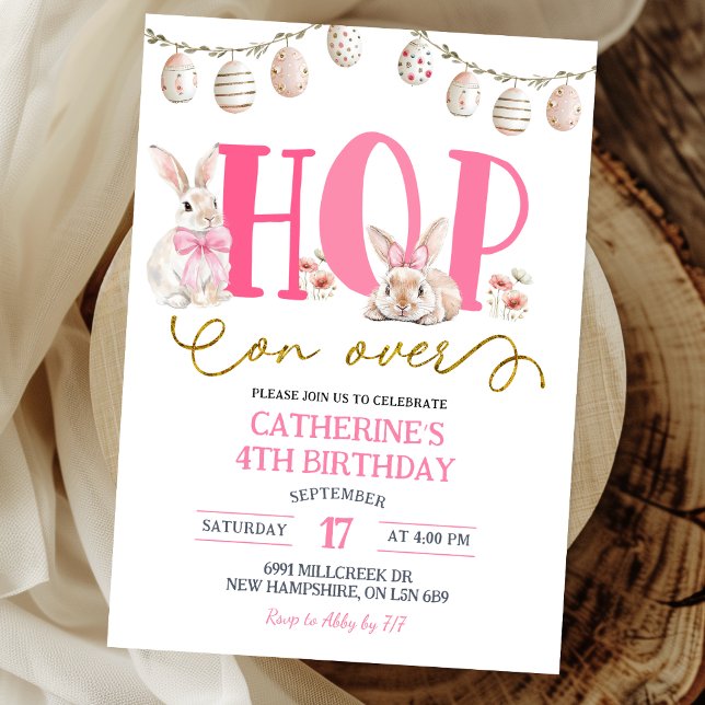 Boho Floral Hop on over Bunny Birthday Invitation (Creator Uploaded)