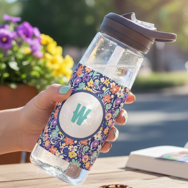 Boho Floral Initial – Monogram Gift for Her Water Bottle (Floral initial water bottle)